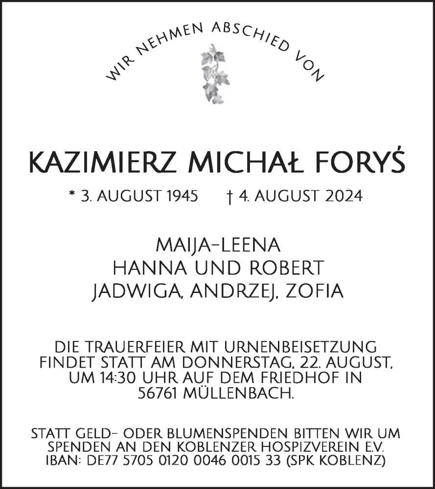  Traueranzeige für Kazimierz Michal Forys vom 14.08.2024 aus WochenSpiegel