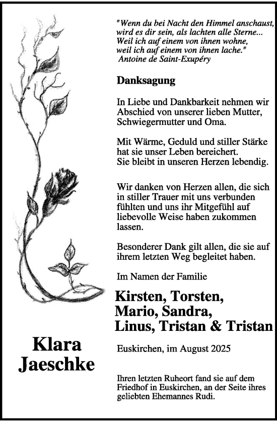 Traueranzeige von Klara Jaeschke von WochenSpiegel