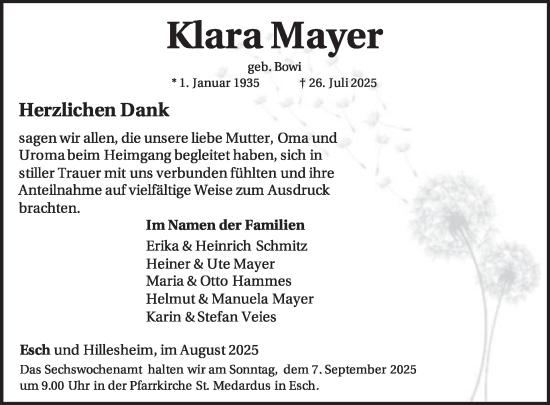 Traueranzeige von Klara Mayer von WochenSpiegel