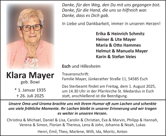 Traueranzeige von Klara Mayer von WochenSpiegel