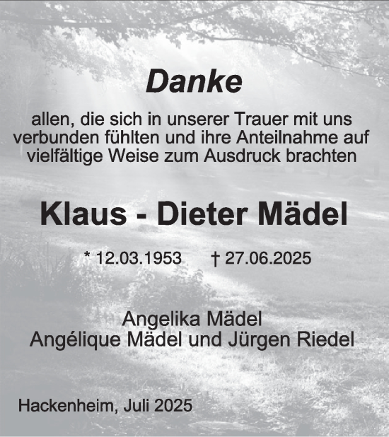 Traueranzeige von Klaus-Dieter Mädel von WochenSpiegel