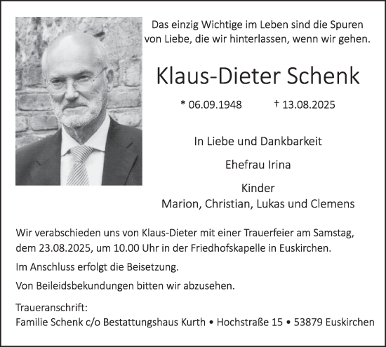 Traueranzeige von Klaus-Dieter Schenk von WochenSpiegel
