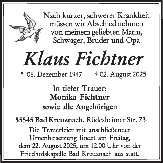 Traueranzeige von Klaus Fichtner von WochenSpiegel