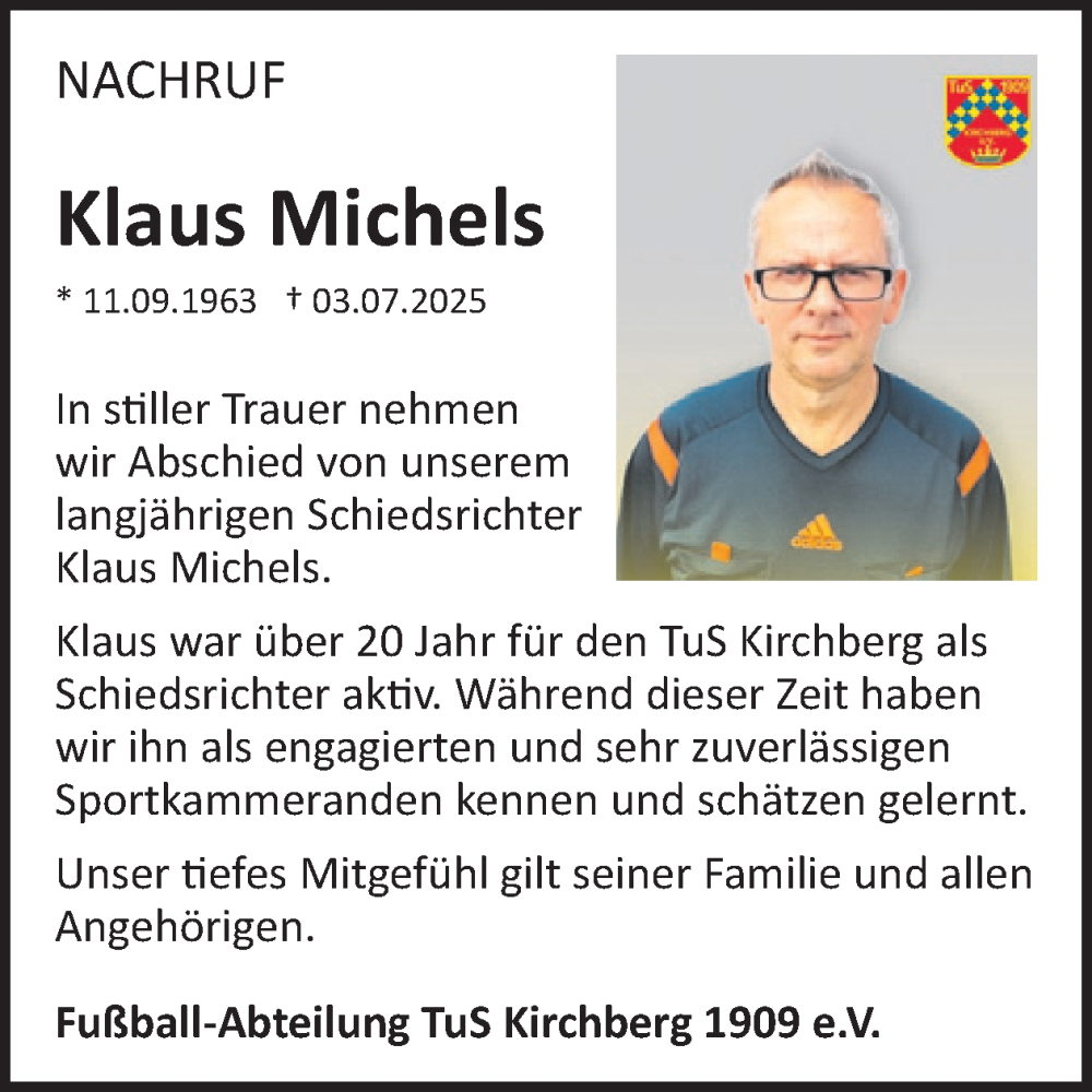  Traueranzeige für Klaus Michels vom 02.08.2025 aus WochenSpiegel