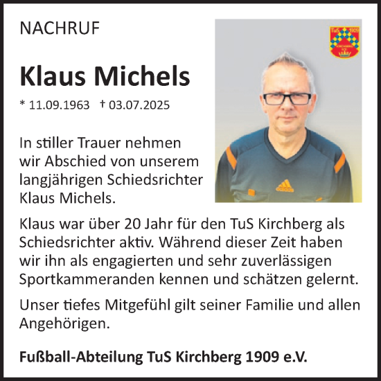 Traueranzeige von Klaus Michels von WochenSpiegel