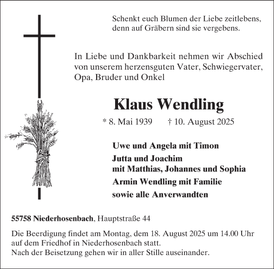 Traueranzeige von Klaus Wendling von WochenSpiegel