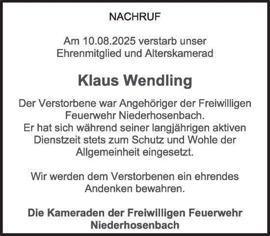 Traueranzeige von Klaus Wendling von WochenSpiegel