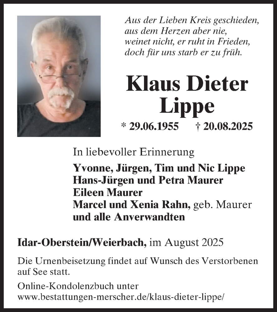  Traueranzeige für Klaus Dieter Lippe vom 30.08.2025 aus WochenSpiegel