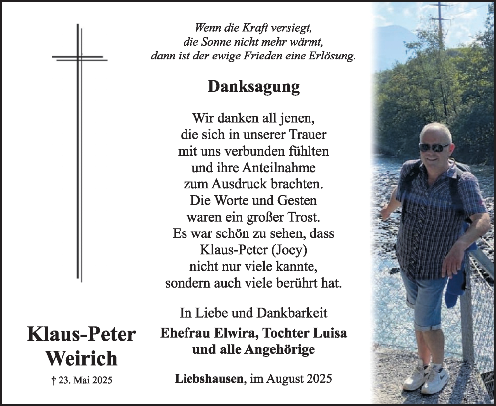  Traueranzeige für Klaus Peter Weirich vom 09.08.2025 aus WochenSpiegel