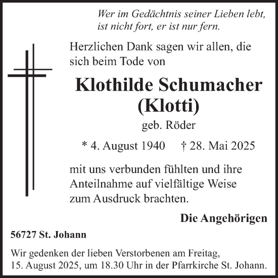 Traueranzeige von Klothilde Schumacher von WochenSpiegel