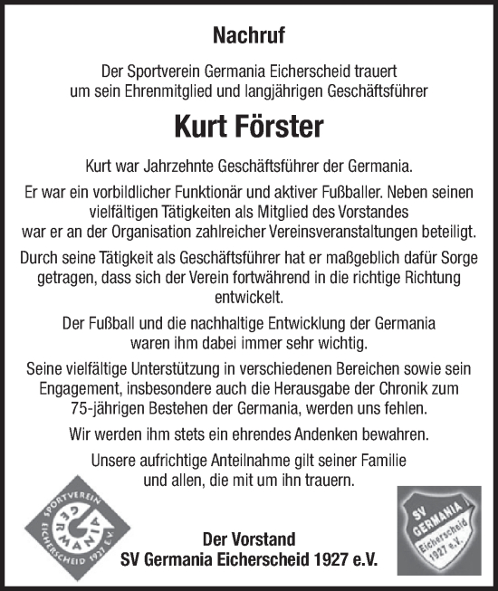 Traueranzeige von Kurt Förster von WochenSpiegel