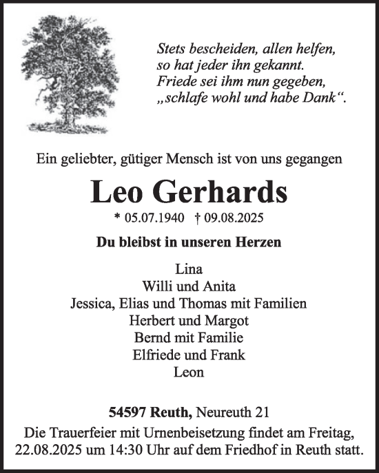 Traueranzeige von Leo Gerhards von WochenSpiegel