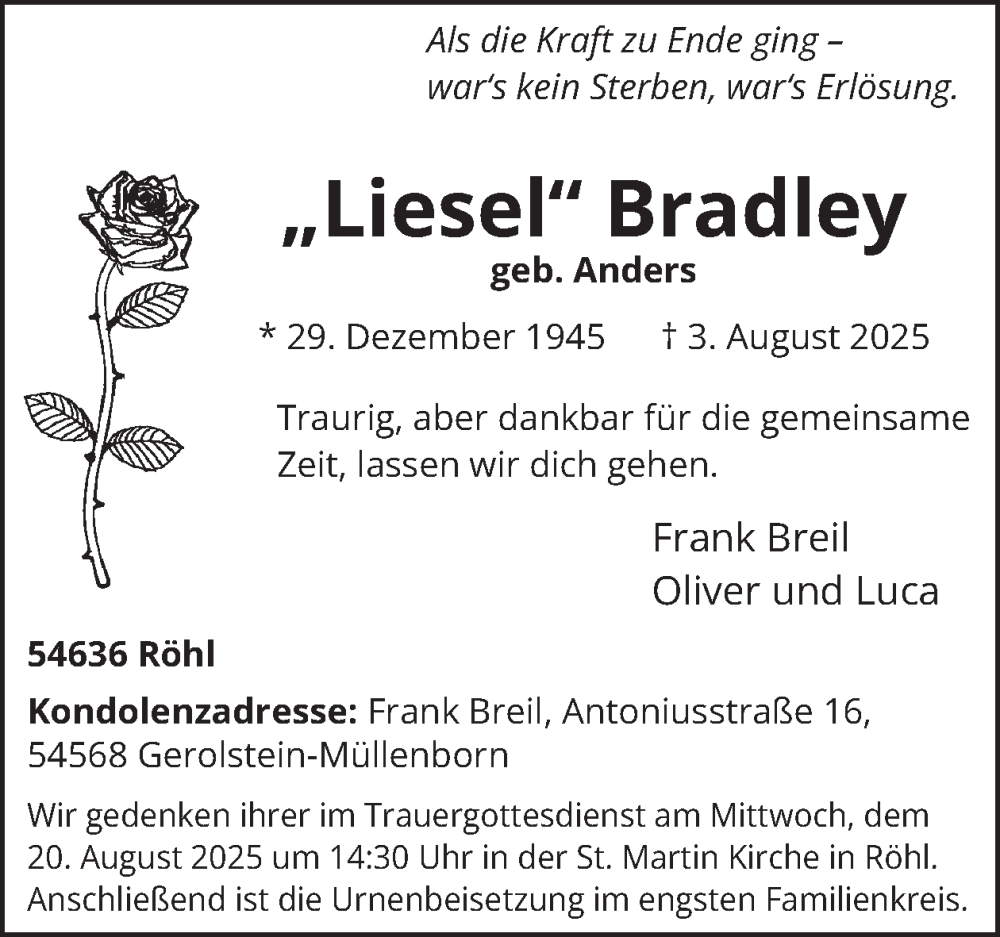  Traueranzeige für Liesel Bradley vom 15.08.2025 aus WochenSpiegel