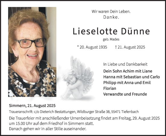 Traueranzeige von Lieselotte Dünne von WochenSpiegel
