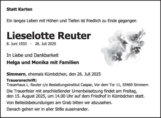 Traueranzeige von Lieselotte Reuter von WochenSpiegel