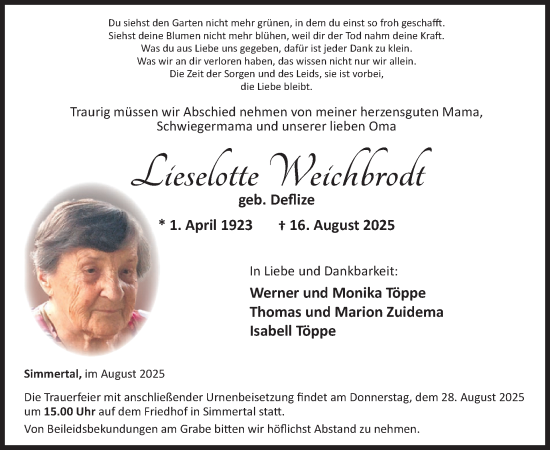 Traueranzeige von Lieselotte Weichbrodt von WochenSpiegel