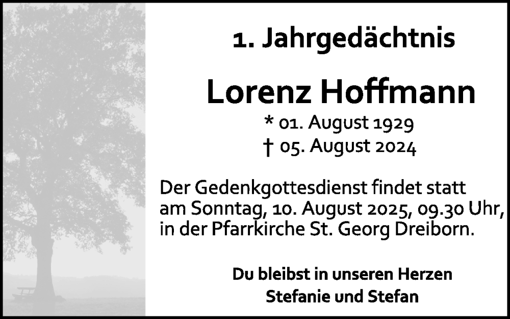  Traueranzeige für Lorenz Hoffmann vom 06.08.2025 aus WochenSpiegel
