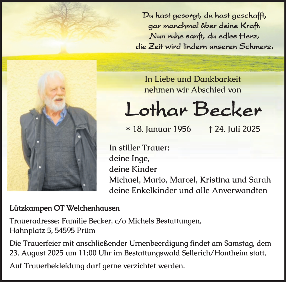  Traueranzeige für Lothar Becker vom 13.08.2025 aus WochenSpiegel