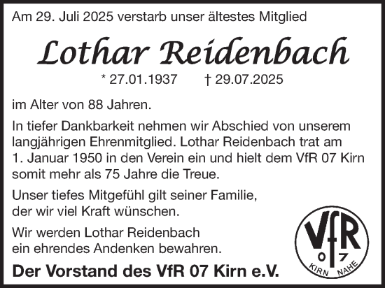 Traueranzeige von Lothar Reidenbach von WochenSpiegel