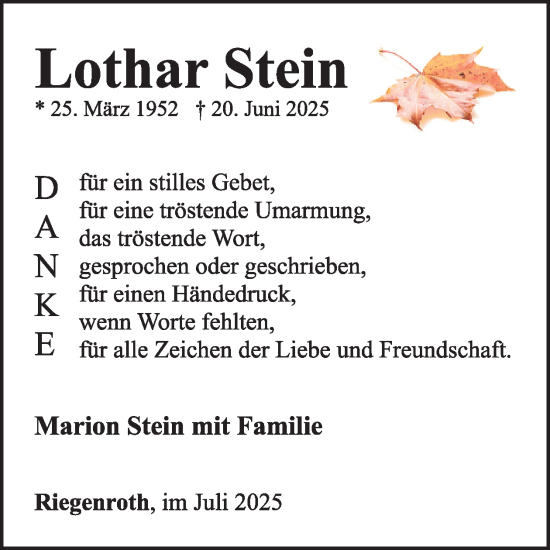 Traueranzeige von Lothar Stein von WochenSpiegel