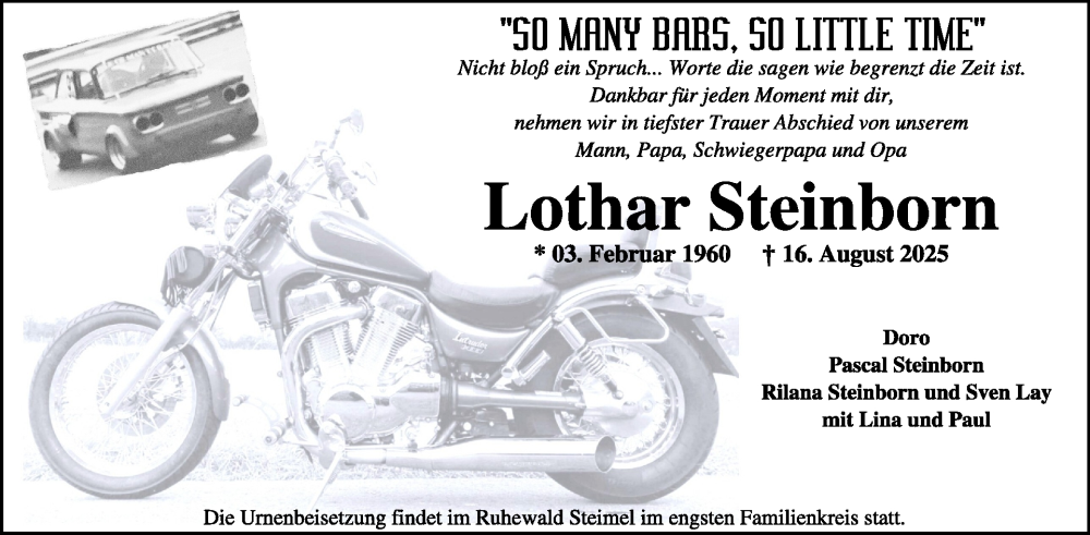  Traueranzeige für Lothar Steinborn vom 30.08.2025 aus WochenSpiegel