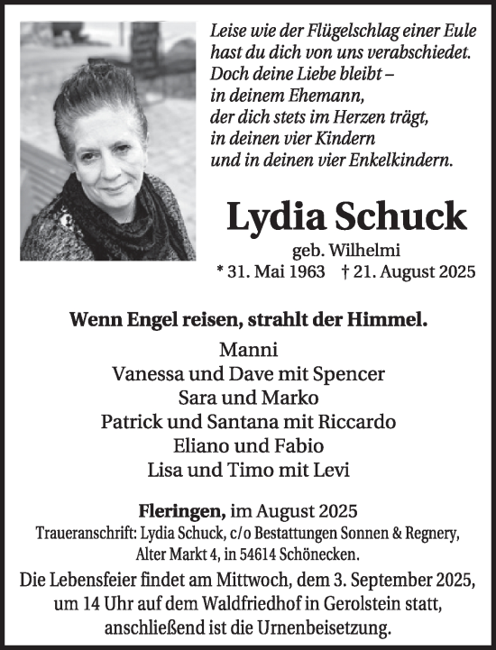 Traueranzeige von Lydia Schuck von WochenSpiegel