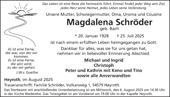 Traueranzeige von Magdalena Schröder von WochenSpiegel