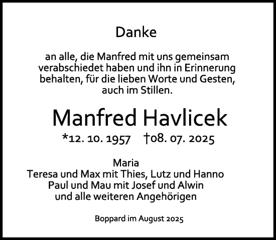 Traueranzeige von Manfred Havlicek von WochenSpiegel