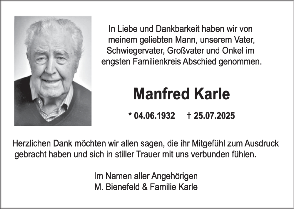  Traueranzeige für Manfred Karle vom 23.08.2025 aus WochenSpiegel