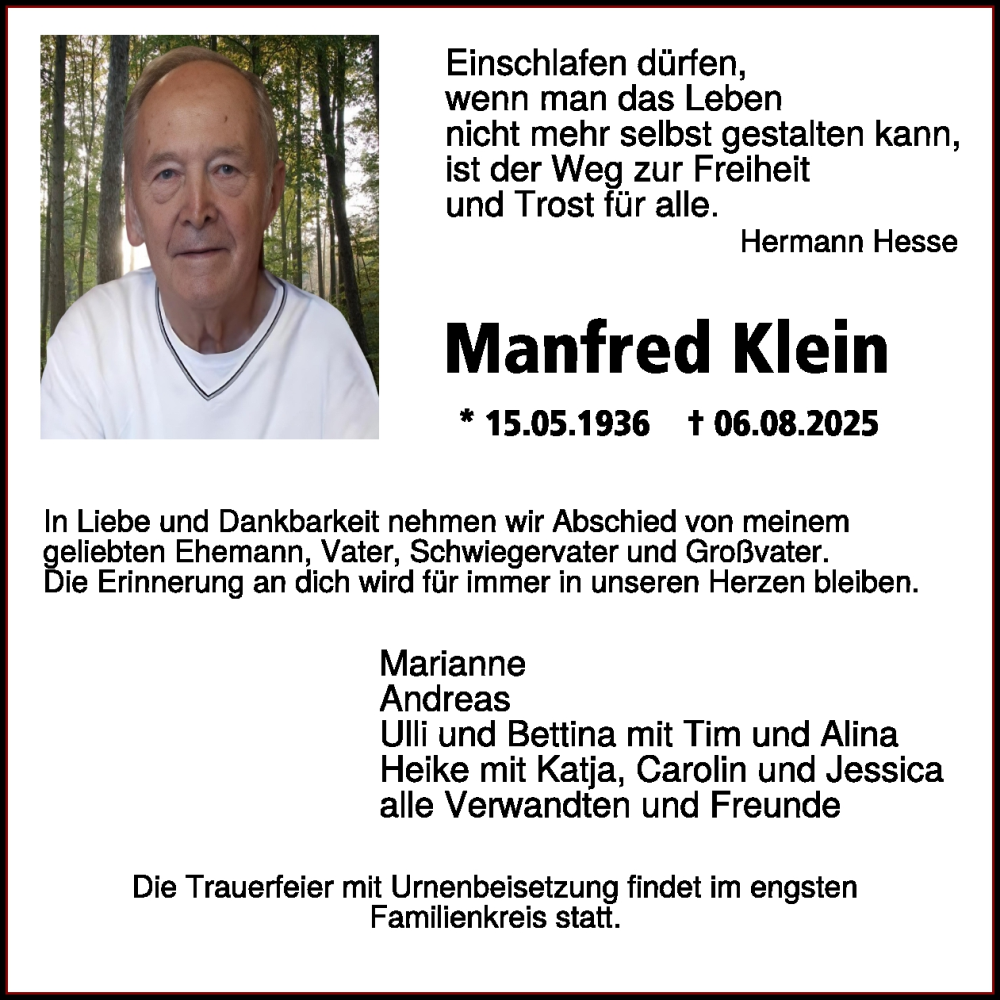  Traueranzeige für Manfred Klein vom 16.08.2025 aus WochenSpiegel