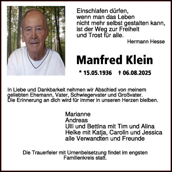 Traueranzeige von Manfred Klein von WochenSpiegel