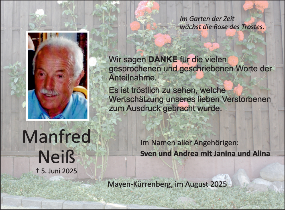  Traueranzeige für Manfred Neiß vom 06.08.2025 aus WochenSpiegel