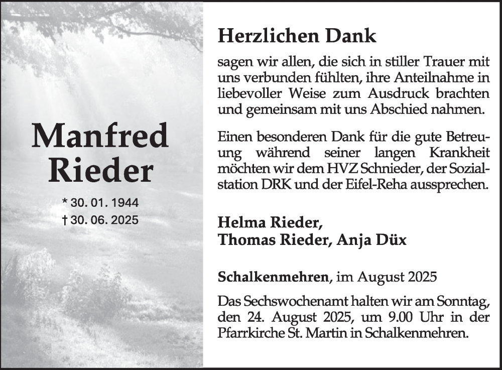  Traueranzeige für Manfred Rieder vom 23.08.2025 aus WochenSpiegel