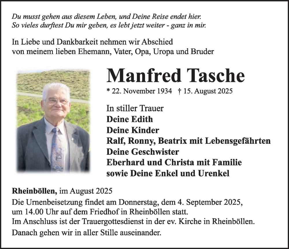 Traueranzeige für Manfred Tasche vom 30.08.2025 aus WochenSpiegel