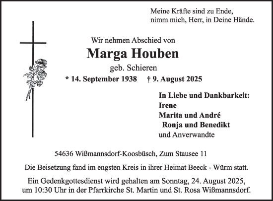 Traueranzeige von Marga Houben von WochenSpiegel