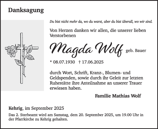 Traueranzeige von Marga Wolf von WochenSpiegel