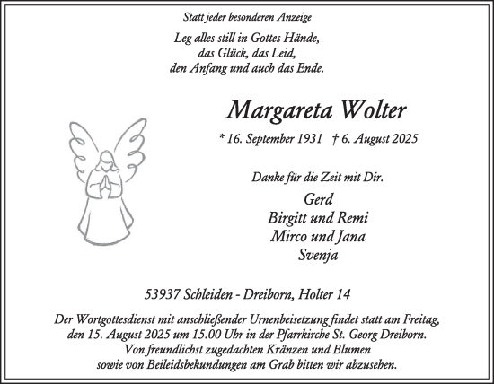 Traueranzeige von Margareta Wolter von WochenSpiegel