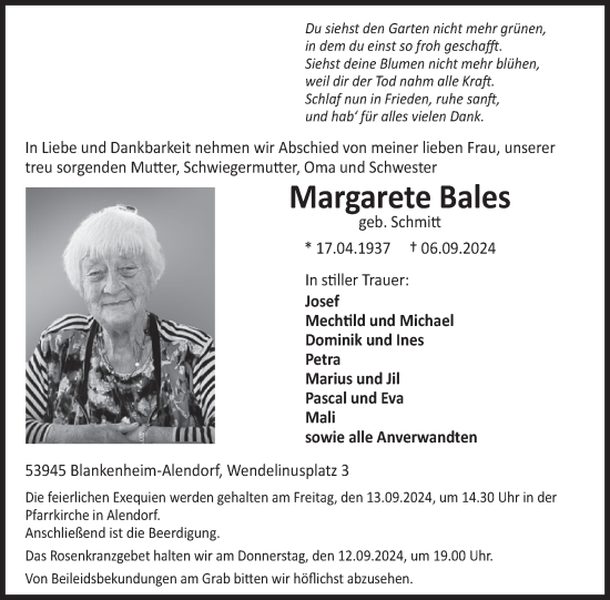 Traueranzeige von Margarete Bales von WochenSpiegel