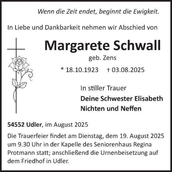 Traueranzeige von Margarete Schwall von WochenSpiegel