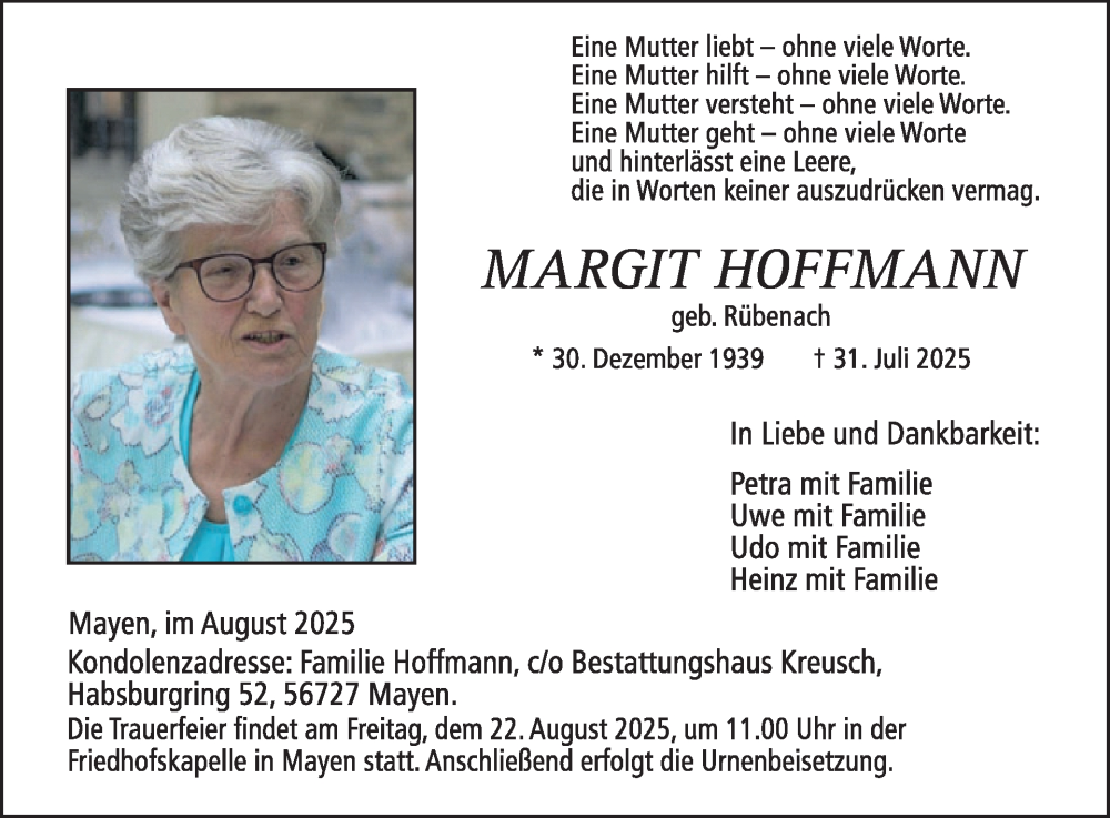  Traueranzeige für Margit Hoffmann vom 13.08.2025 aus WochenSpiegel