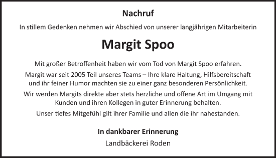 Traueranzeige von Margit Spoo von WochenSpiegel