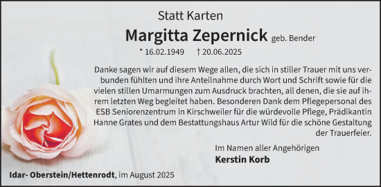 Traueranzeige von Margitta Zepernick von WochenSpiegel