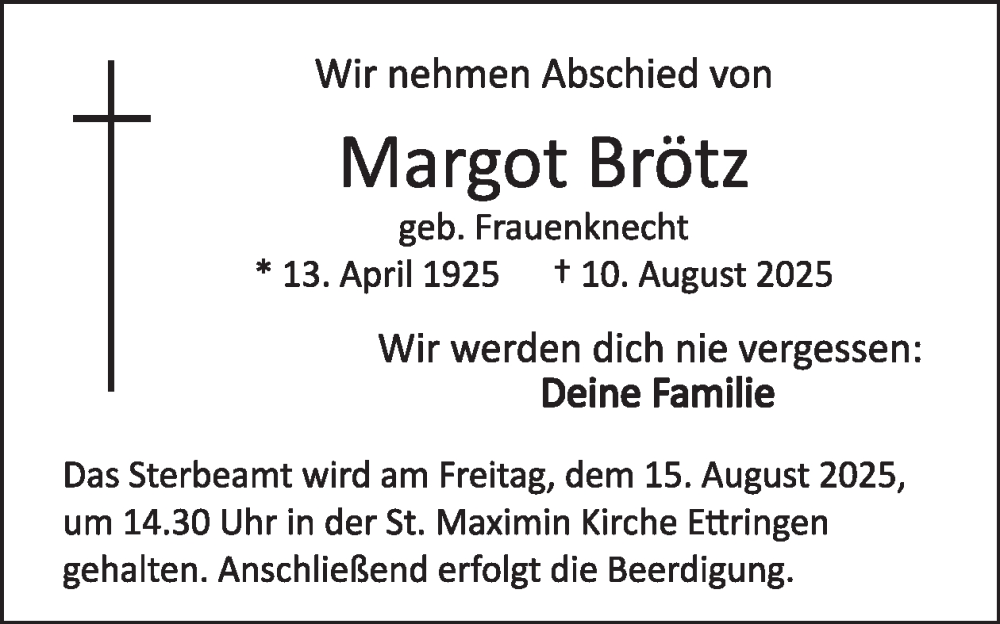  Traueranzeige für Margot Brötz vom 13.08.2025 aus WochenSpiegel