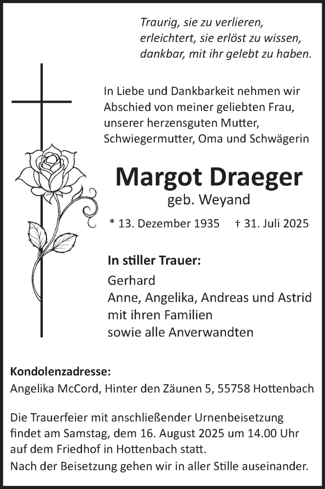  Traueranzeige für Margot Draeger vom 09.08.2025 aus WochenSpiegel