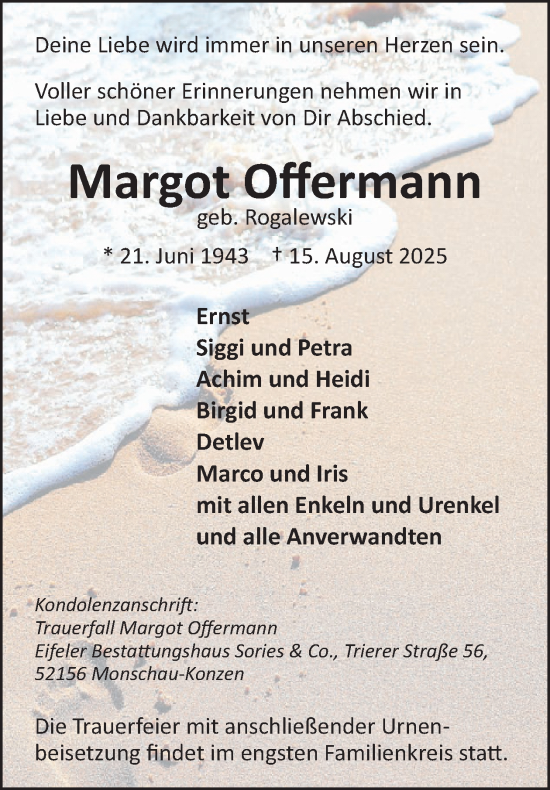 Traueranzeige von Margot Offermann von WochenSpiegel