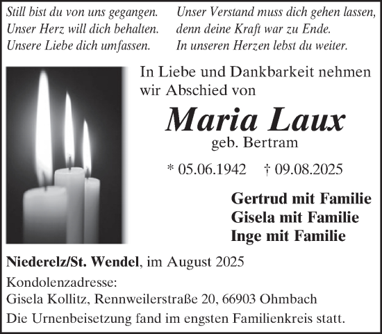 Traueranzeige von Maria Laux von WochenSpiegel