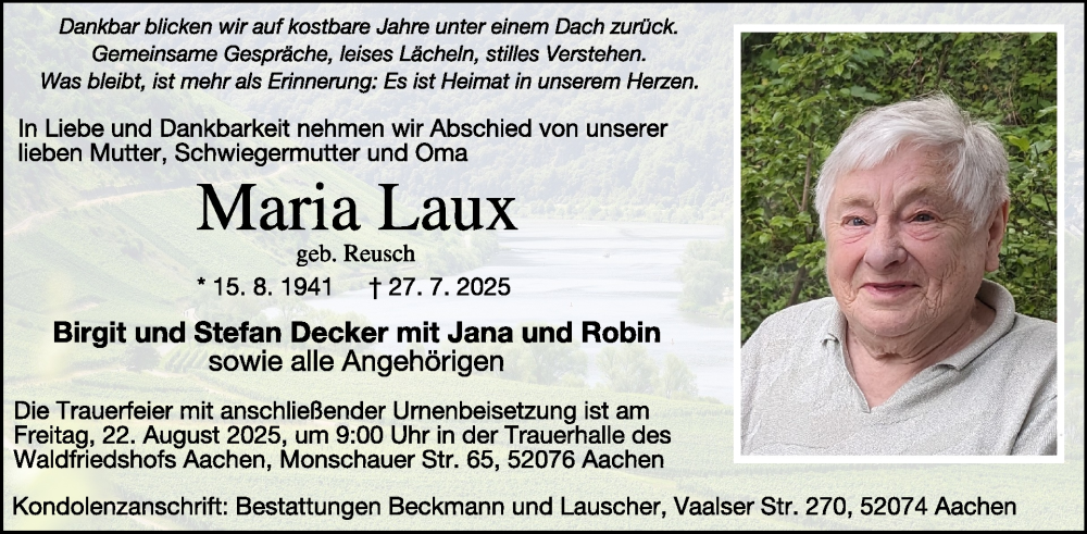  Traueranzeige für Maria Laux vom 06.08.2025 aus WochenSpiegel
