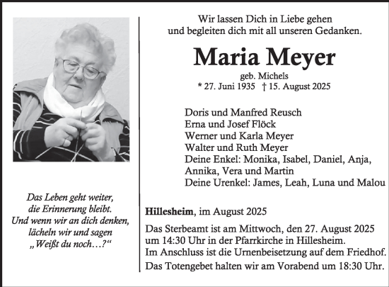 Traueranzeige von Maria Meyer von WochenSpiegel