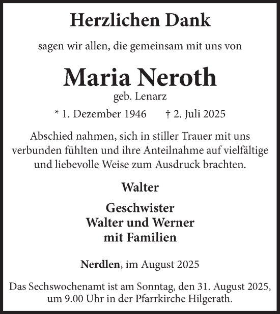 Traueranzeige von Maria Neroth von WochenSpiegel