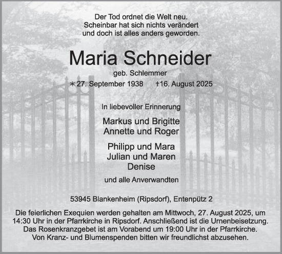 Traueranzeige von Maria Schneider von WochenSpiegel